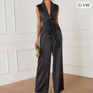 Koko + Mason Black Satin Jumpsuit with tie front. Brand new, never worn